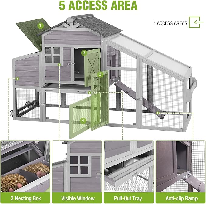 GUTINNEEN Chicken Coop with Wheels for 2-4 Chickens, Large Wooden Outdoor Hen House with Run, Waterproof & UV-Resistant Roof, Removable Leakproof Tray and Divided Nesting Box– Grey