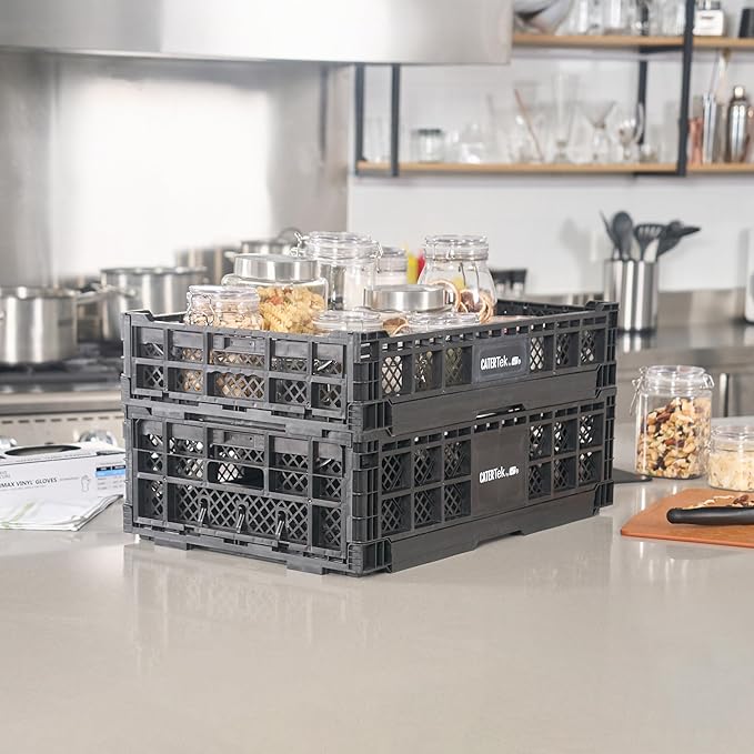Restaurantware Plastic Milk Crates for Storage - Cater Tek Stackable Storage Buns for Organizing - Collapsible Storage Basket for Groceries, Black