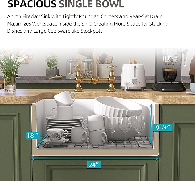 TUKTUK White Farmhouse Sink 24 X18 inch Fireclay Farm House Apron Front Undermount Small Modern Kitchen Sink Single Bowl for Bar and RV Luxury Bottom Grid & Strainer