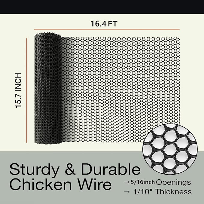 Pet Proof Barrier Net, Black Plastic Chicken Wire Mesh Fencing 15.7IN x 16.4FT, Balcony Cat Safety Net & Garden Snake Barrier, Heavy Duty Protection for Chicken Coops, Rabbit Hutches, Dog Kennels