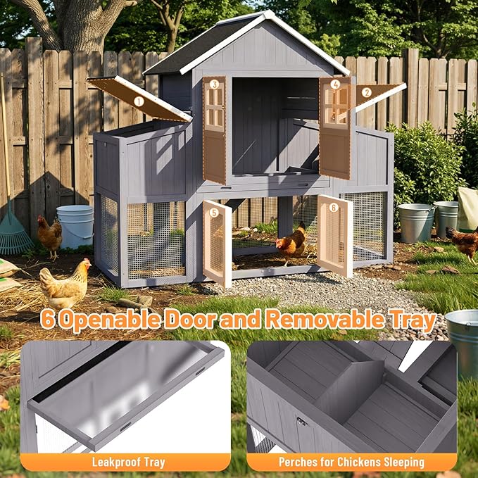 69.5''L Chicken Coop, Extra Large Poultry Cage for 6-10 Chickens, Outdoor Hen House Design with 2 Nesting Box, Weatherproof Roof and Leakproof Pull-on Tray, Easy to Install＆Clean(Gray)