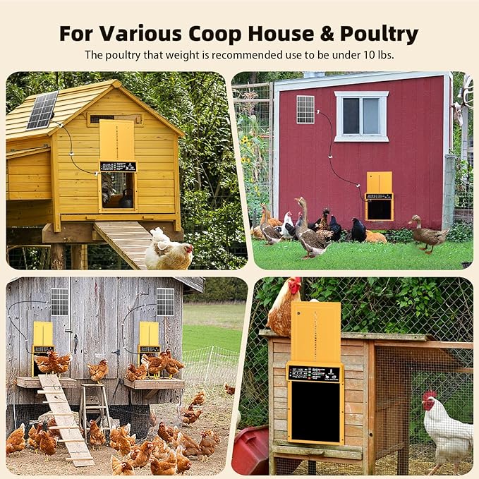 Automatic Chicken Coop Door, Pet Deluxe Chicken Coop Door Solar Powered 7W - Programmable Timer, Light Sensor, Anti-Pinch Safety, Aluminum Alloy Frame with 10 Wire Clips Chicken Door - Gold