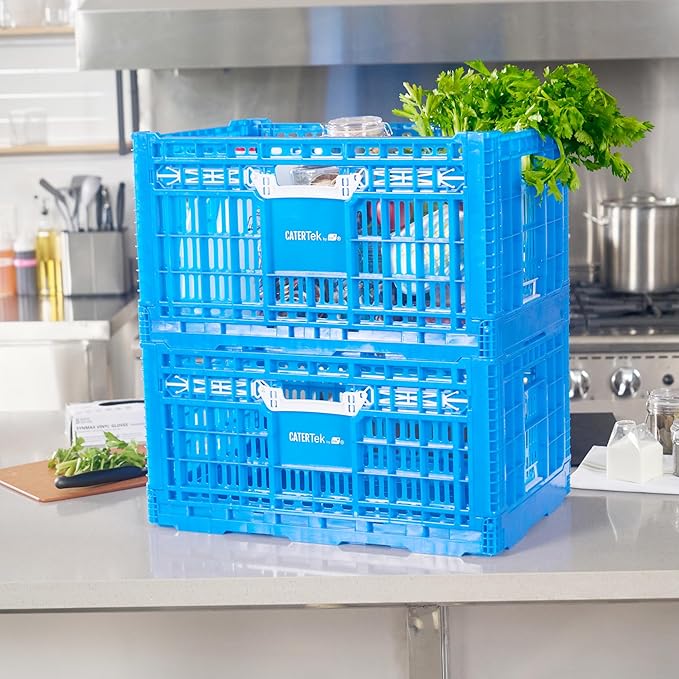 Restaurantware Plastic Milk Crates for Storage - 10 Pack - Cater Tek Stackable Storage Buns for Organizing - Collapsible Storage Basket for Groceries, Home Supplies, Blue