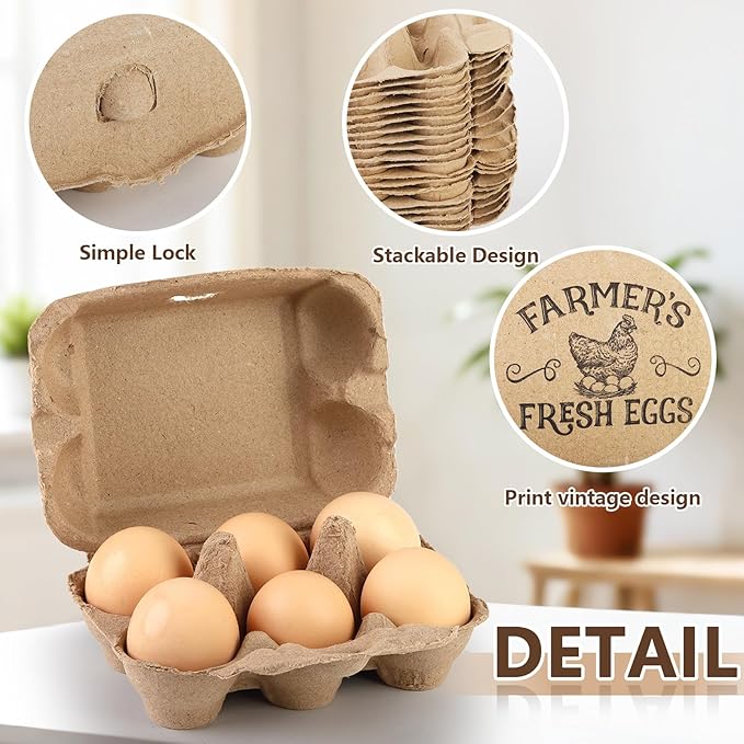60 Pack Egg cartons 2x3 Style Half dozen egg cartons Bulk 6 Count Reusable Paper pulp egg storage tray Sturdy egg containers with instruction cards and stickers for Family Farm Market