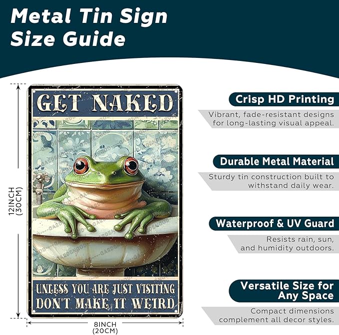 Vintage Frog Bathroom Metal Sign Frog Get Naked Metal Poster Home Bathroom Kitchen Garden Retro Aluminium Sign Art Wall Decor 12x8 Inch