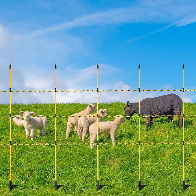 Sasylvia 36 Pcs 45 Inch Fiberglass Electric Fence Posts with 328 Feet Poly Wire, Easy Step-in Electric Fence Kit for Sheep, Lambs, Livestock in Garden, Backyard, Farm, Temporary Fencing(Yellow Black)