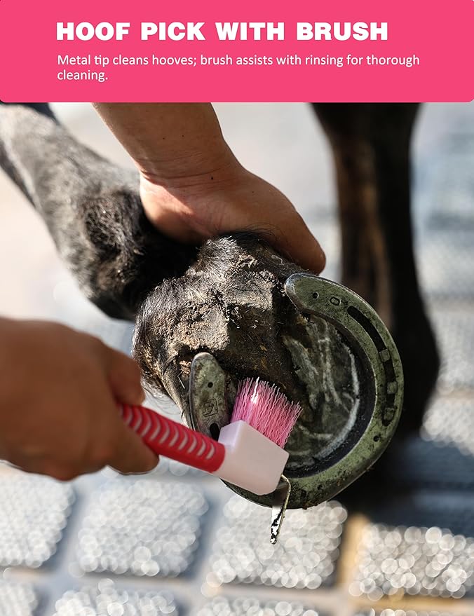 11-Piece Professional Horse Grooming Kit with Waterproof Tote Bag, Non-Slip Silicone Grip Brush Set, Curry Comb, Hoof Pick & Mane Comb Pink Garnet