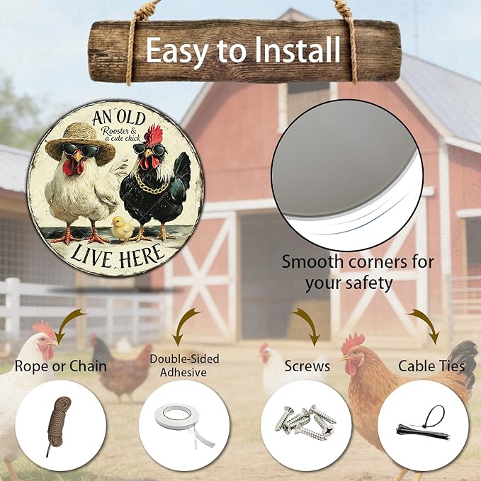 Rooster Wall Decor Round Chicken Signs Chicken Coop Accessories Metal Tin Sign Vintage Style An Old Rooster And A Cute Chick Live Here Iron Poster 12 Inch
