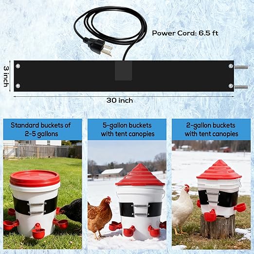 Chicken Water Heater Thermo Bucket Belt Heated Strap for 2-5 Gallon Barrel, 40W Silicone Rubber Heating Band for Chicken Waterers with 6.5 ft Power Cord