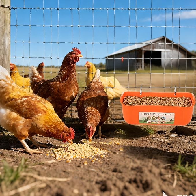 6 Pack Hanging Chicken Feeder Trough, Duck Feeder for Outside with Clips, Water Trough for Duck Goose Goat Pig Deer, Durable Poultry Feeding Water Container, Orange