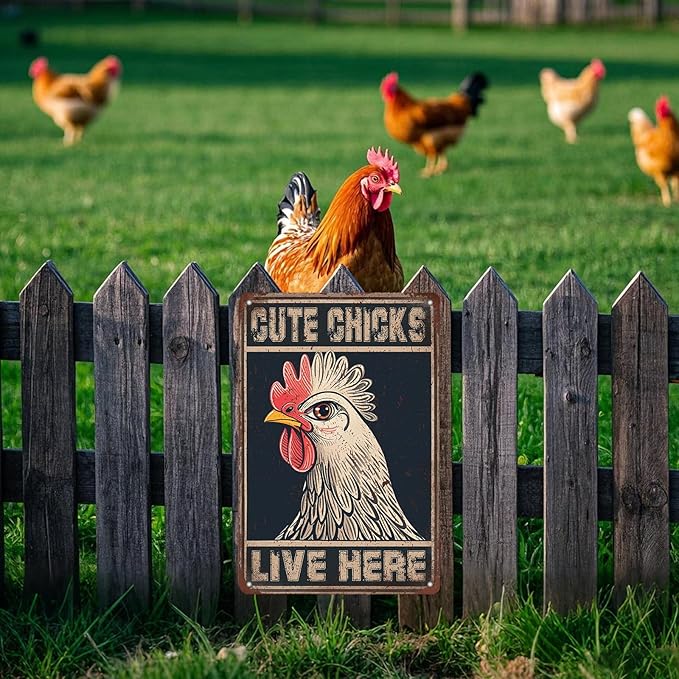 Chicken Metal Signs Cute Chicks Live Here Iron Sign Chicken For Coop Funny Outdoor Sign Garden Backyard Patio Wall Art Decor 12x8 Inch