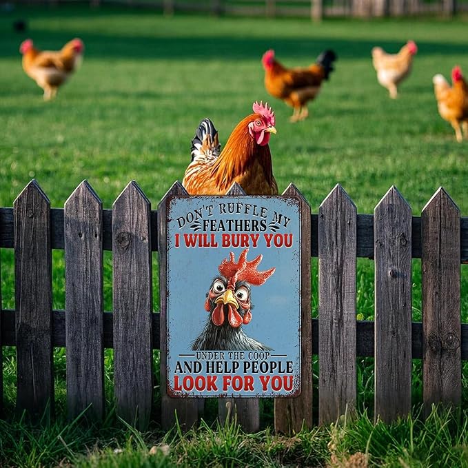 Funny Chicken Tin Sign Don't Ruffle My Feathers I Will Bury You Metal Sign Vintage Farm Chicken Coop Farmhouse Kitchen Yard Sign Art Wall Decor 12x16 Inch