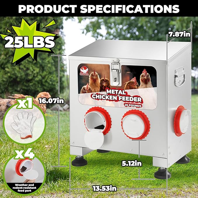 25 lbs 4-Port Galvanized Chicken Feeder No Waste with Locking Lid&Riveted Handles,Adjustable Height,Large Capacity Rainproof Automatic Chicken Feeders for Chickens, Poultry Coop,Silver