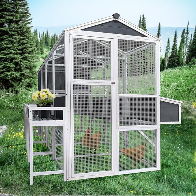 Large Chicken Coop with Chicken Run, Wooden Walk-in Chicken Coops for 10 Chickens, Outdoor Poultry Fence with Nesting Boxes, Pull Out Trays, Garden Backyard Pet Cage, 95''LX80''WX83''H