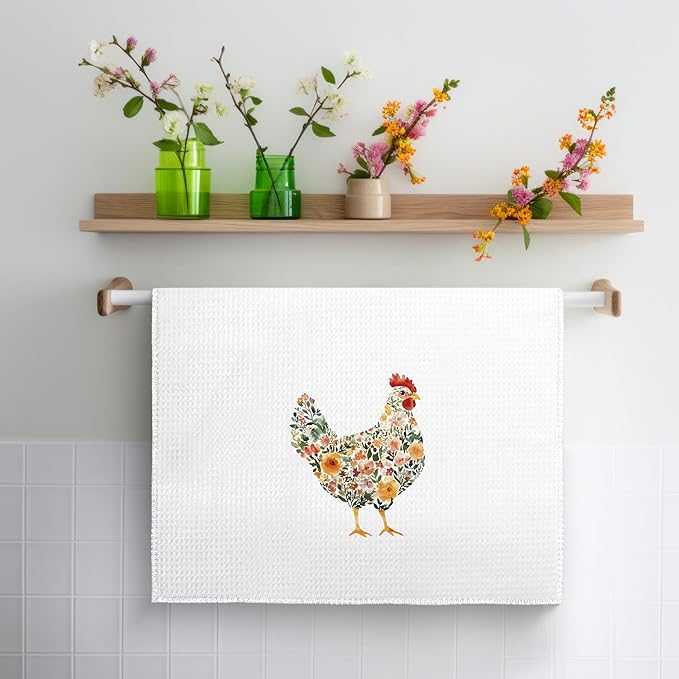 Rustic Colorful Floral Rooster Kitchen Towels, Gifts for Chicken Lovers Dish Tea Towels, Farmhouse Flower Chicken Decorative Hand Towel for Bathroom Kitchen, 16x24 Inch