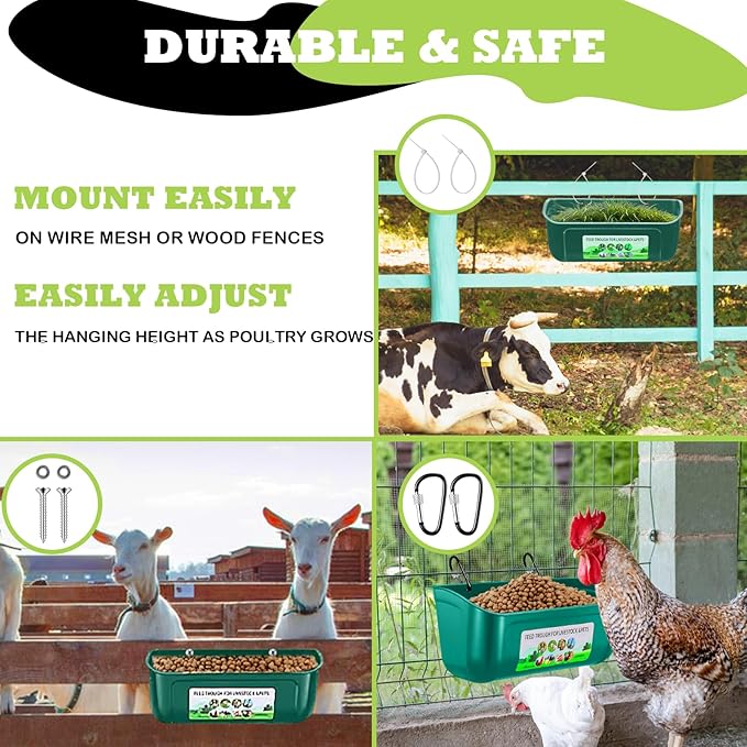 5 Pack Chicken Feeder, Duck Feeder Supplies, Hanging Fence Feed Trough with Clips for Goat, Sheeple, Piglet, Gooses, Turkeys, Dog Livestock Poultry, 8 Quarts in Total, Feed Scoop Included, Green
