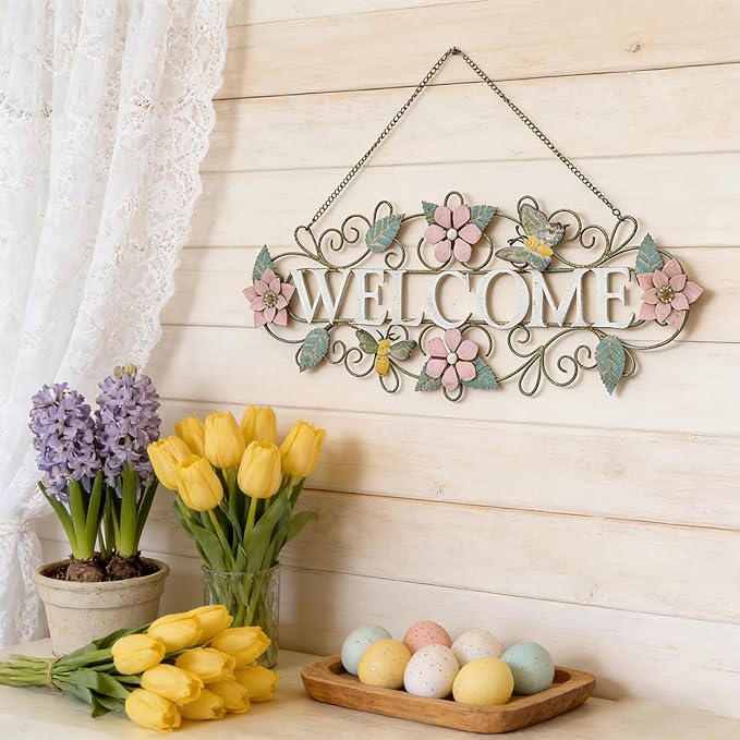 Queltharion 23.6'' L Vintage Metal Welcome Sign Hanging Decor Rustic Distressed Butterfly Bee Flora Welcome Wall Art Decoration for Outdoor Front Door Garden Farmhouse Porch Patio Yard Plaque Pink