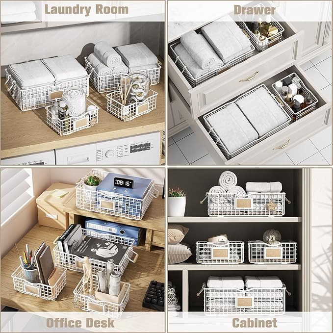 Bathroom Organizers and Storage, 4 Pack Storage Baskets for Shelves, Multipurpose Bins Organizer with Wooden Handles, Decorative Organizer Baskets Set for Bathroom, Laundry, Living Room - White