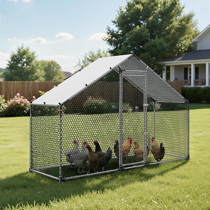 VEVOR Large Metal Chicken Coop,9.8 x 3.3 x 6.6 ft, Walk-in Chicken Run House with Waterproof Cover & Sturdy Frame, Spire Roof Poultry Cage Duck Pen for Rabbit Hen Goose Outdoor Backyard Farm Use