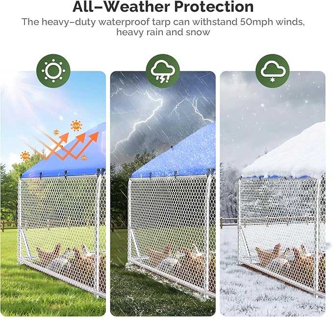 Sino Luban Large Metal Chicken Coop Run for 30 Chickens/Ducks, Chicken Runs for Yard with Waterproof Cover, Chicken Enclosure Pen Outdoor, Walk-in Poultry Cage (Upgrade Top & Corner Support Brace)