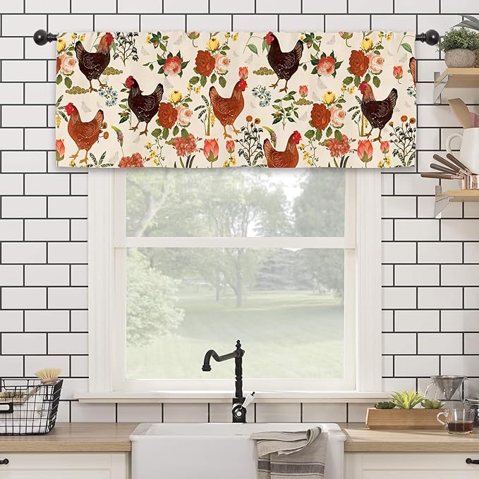 Rooster Chicken Flower Kitchen Curtain Valance 54W x 18L Inch Farmhouse Rustic Vintage Peony Country Rural Rod Pocket Short Cafe Small Window Treatment Drapes Decor