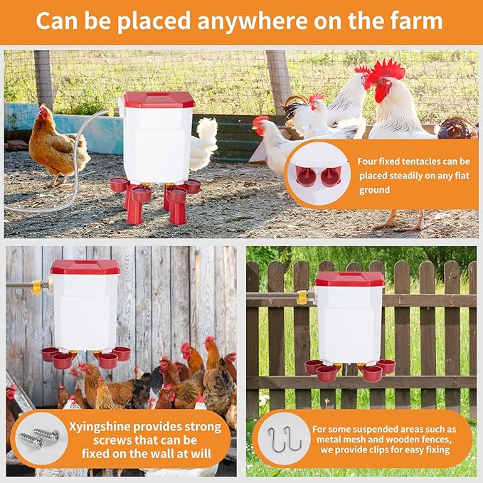 Float Automatic Chicken Drinker for Continuous Fresh Water, Standalone Chicken Drinker with 60 Inch Water Hose, Cleaning Tools,Suitable for Quail,Duck,Turkey and Other Poultry(2 Gallons, Red)