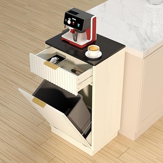 Woodgrain Tilt Out Trash Can Cabinet 13 Gallon, Hidden Kitchen Garbage Can with Drawer, Pull-Out Recycling Bin, Farmhouse Laundry Hamper Organizer (Ancient White)