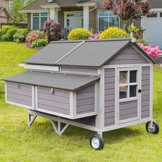 Chicken Coop with Strong Iron Frame, 68.1" L Large Wooden Poultry Cage with 8.1" Big Wheels, Outdoor Chicken House with Two Nesting Boxes for 6 Chickens