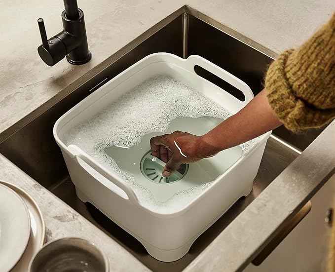 Joseph Joseph Wash & Drain Kitchen Dish Tub Wash Basin with Handles and Draining Plug, 9 liters/2.3 Gallons, Stone/Sage Green