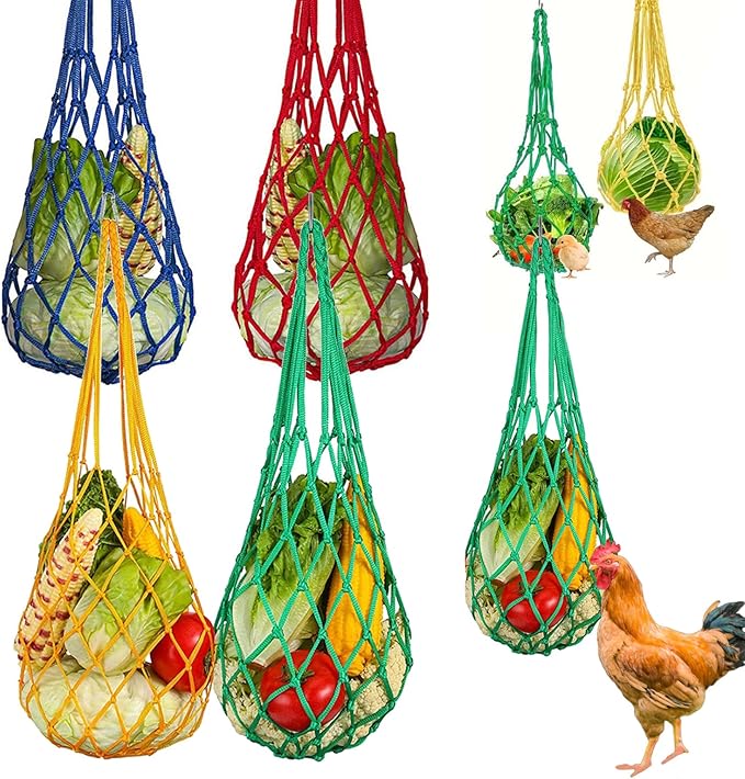 4PCS Hanging Chicken Feeder, Poultry Fruit Holder & Vegetable Mesh Bag for Chickens, Hens, Ducks & Large Birds