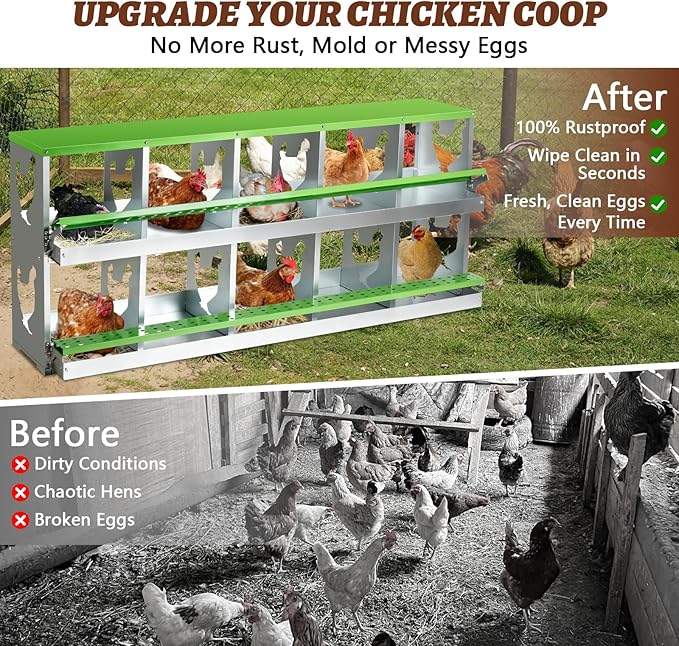 Chicken Nesting Box,Heavy Duty Metal Nest Boxes,10 Hole Roll Away Nesting Boxes,with Large Vented Holes,Wall-Mountable Chicken Coop Nesting Boxes,for Chickens,Ducks,Large Egg Boxes (Green 10 Hole)