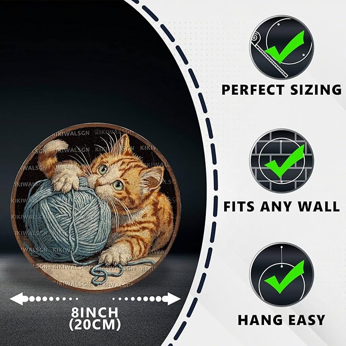 Vintage Orange Tabby Round Metal Sign Retro Yarn Ball Tin Sign Nostalgic Cat Lovers Wall Decor Decorations for Home Bedroom Living Room Cafe Bar Bathroom Shop 8 * 8 In