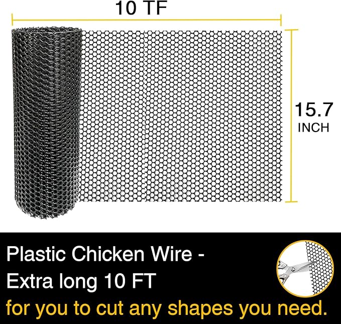 Chicken Wire Fencing Mesh Plastic with Zip Ties, 1.3×10FT Garden Netting for Moss Poles, Plastic Chicken Wire for Poultry Rabbit Fencing,Crafts,DIY - Black