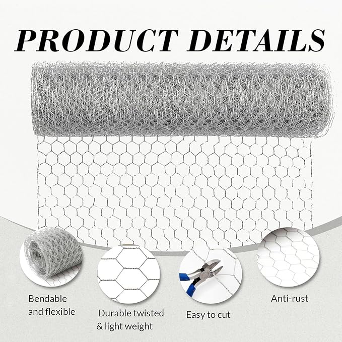 Chicken Wire Mesh, 15.75IN x 49.17FT Hexagonal Galvanized Steel Chicken Wire Fence, Metal Poultry Wire Netting for Chicken Coop Rabbit Dogs Barrier