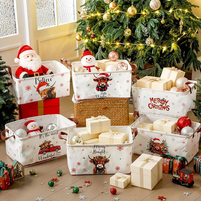 CHENGU 6 Pack Christmas Storage Basket Collapsible Christmas Basket for Gifts Highland Cow Holiday Decor Large Red Truck Bin Foldable Xmas Tree Box with Handle for Bedroom Office Home