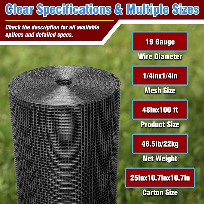 Black Hardware Cloth 1/4inx48inx100ft, 22GA, Chicken Wire Fencing Roll, Black Chicken Wire Mesh, Vinyl PVC Coated Welded Wire Mesh for Chicken Coop Barrier, Rabbit Snake Poultry Fences