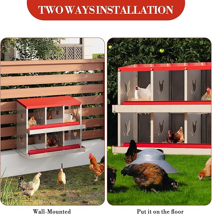 Chicken Nesting Boxes,6 Compartments Galvanized Steel Metal Laying Boxes,Pull-Out Egg Box Easy Egg Collection & Clean,Wall Mount Suitable for Farm Chicken House,Red