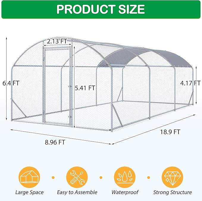 Large Metal Chicken Coop, Walk-in Chicken Run Pen with Waterproof Cover, Dome Roof Poultry Cage for Outdoor, Backyard, Farm (8.96'Wx18.9'Lx6.4'H)