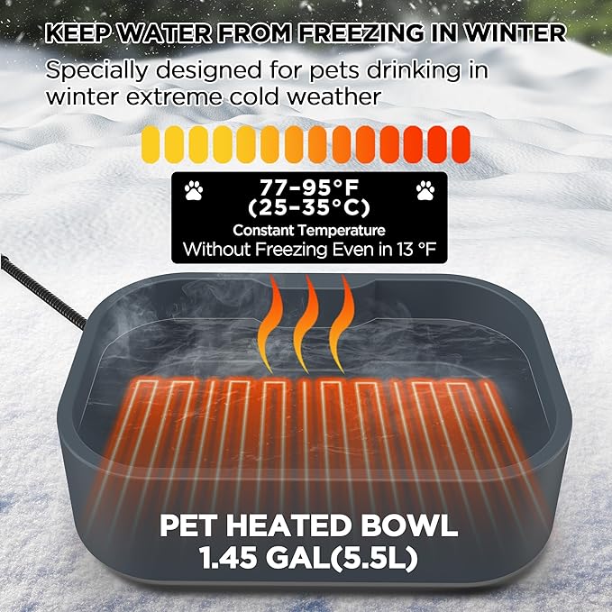 Heated Water Bowl, 5.5L/1.45Gal Extra Large Winter Freeze Proof Pet Heated Water Bowl with Anti Chewy Long Cord, BPA-Free, for Dog Cats Rabbit Chicken Duck Squirrel Animals Outside Heated Water Bucket