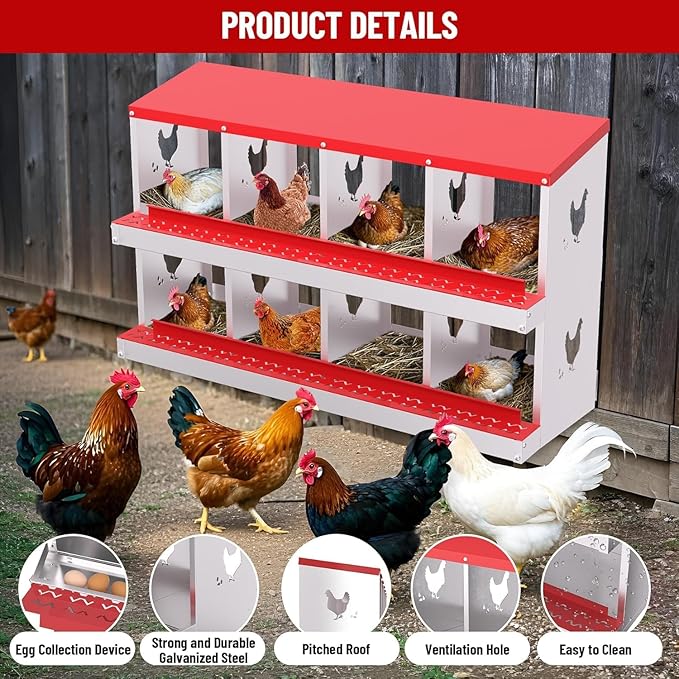 TrailBlaze Metal Chicken Nesting Boxes, Chicken Egg Laying Box with 8 Compartments, Large Vented Holes Chicken Coop with Rollout Egg Collection, Wall Mount Coops for Chickens, Hens (Red)
