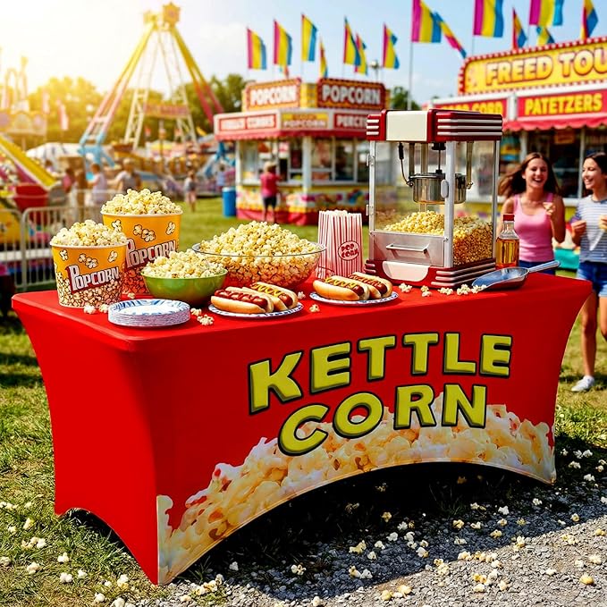 Oudain 6 ft Kettle Corn Stand Tablecloth Elastic Spandex Popcorn Rectangle Table Cover Kettle Corn Banner Sign Table Cloth for Business Advertising Carnivals Party Outdoor Concession Stand