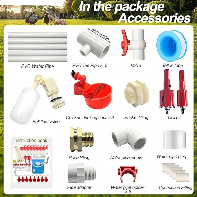 Complete Set Pipeline Automatic Chicken Waterer System, DIY Chicken Water Feeder with 9 Chicken Water Cups,1/2" PVC Tee Fittings & Pipe,Brass Pipe Fittings, Ball Valves, Poultry Waterer