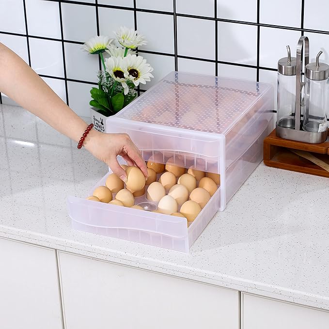 Cq acrylic Egg Container for Refrigerator,2 Tier Holder for Refrigerator organization,Clear Stackable Egg Dispenser, Plastic Egg Storage Bins for Fridge Organizers and Storage