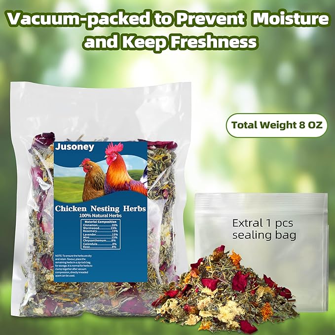 JUSONEY 8 OZ Nesting Herbs for Chicken Coop, Premixed 8 Dried Herbs Nesting Pads for Chicken Coop, Promotes Egg Production