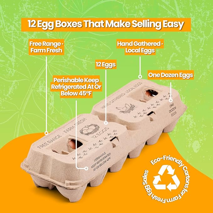 Egg Cartons - Pre Printed Paper Pulp Egg Crate - Reusable Egg Cartons 12 count, Dozen Eggs Containers, Lightweight Storage Crate for Farm Supply (Pack of 200)