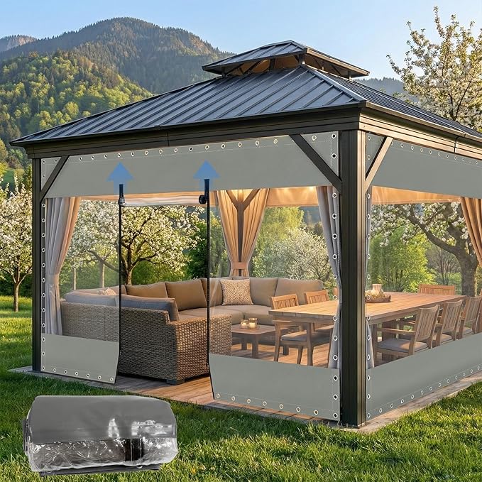 15'W X 8'H Outdoor Vinyl Curtains for Patio with Zippers, 21.16oz Clear PVC Screen Panels, Heavy Duty Porch Enclosure with Grommets for Outside Porch Balcony Pergola Gazebos