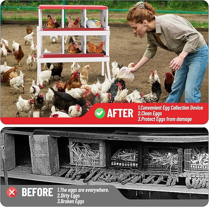 Metal Chicken Nesting Boxes, Heavy-Duty Galvanized Steel Egg Laying Box with 6 Compartments, Rustproof, Easy to Install & Clean, Wall-Mountable Design for Poultry Coops- Red with Stand