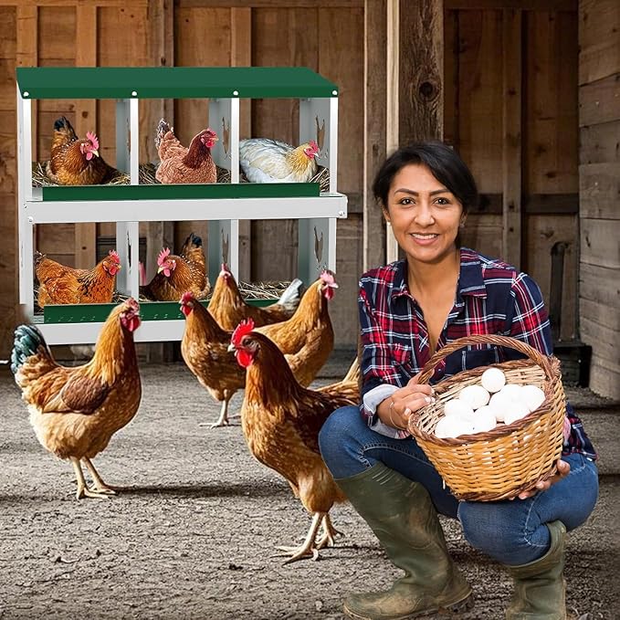 Metal Chicken Nesting Boxes, Heavy-Duty Galvanized Steel Egg Laying Box with 6 Compartments, Rustproof, Easy to Install & Clean, Wall-Mountable Design for Poultry Coops- Green Without Stand
