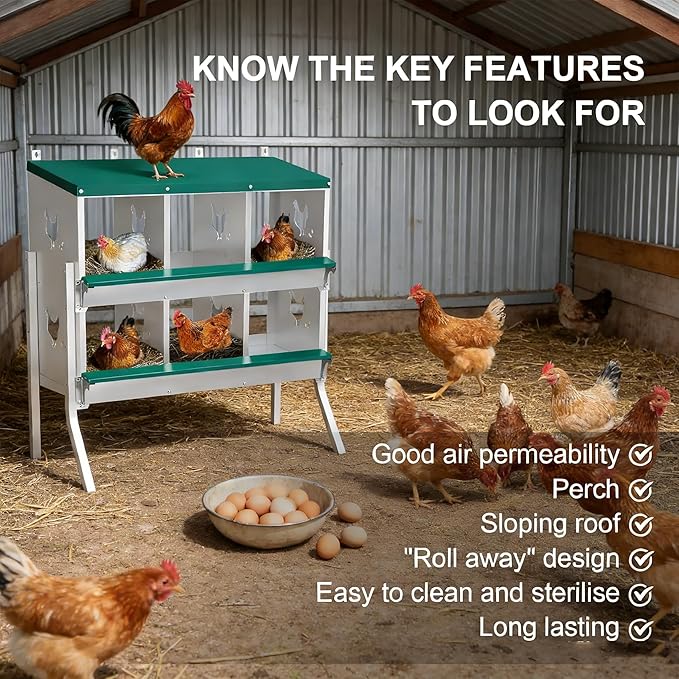 Chicken Nesting Box 6 Compartment with Legs 10 Pet Moisture Pads and 4 Fake Eggs Roll Away Egg Collection, Perch, Lid Cover for Egg Protection - Wall Mount Nest Box for Chickens, Hens, Ducks
