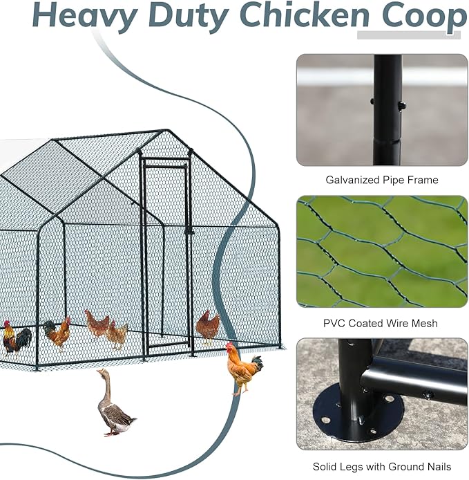 Outvita Chicken Coop, 10×10 FT Large Metal Chicken House, Poultry Habitat Cage with Waterproof Cover, Walk-in Chicken Run Pen for Small Animals Yard Farm Patio（Black Electrophoresis Process）